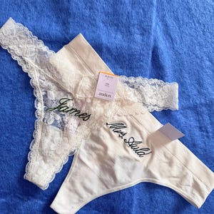 Embroidered CUSTOM Thong, Embroidered Bridal Thong, Custom Personalized Thong, Customized Wedding Date Thong, Future Mrs Last Name Thong