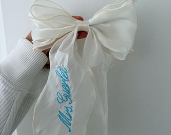 Embroidered Personalized Bow, Customized Girl Bow, Customized Bride Bow, Custom Bachelorette Bow, Embroidered Bow for Bride, Custom Girl Bow