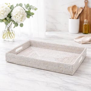 Large Rectangular Rattan Tray with Handles, Tight Woven Serving Tray, Coffee Table Ottoman Decor, 17.7”