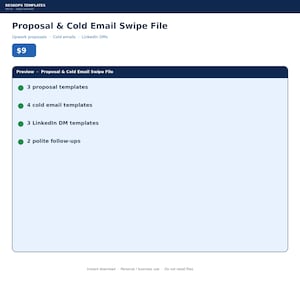 May include: A digital document titled Proposal & Cold Email Swipe File featuring a list of contents: 3 proposal templates, 4 cold email templates, 3 LinkedIn DM templates, and 2 polite follow-ups. The layout includes a dark blue header and a light blue box.