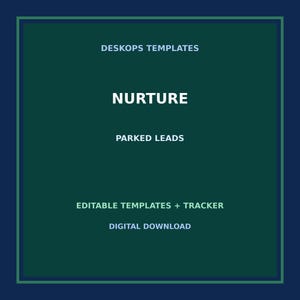 May include: A dark green digital template document with a dark blue border. The text reads: DESKOPS TEMPLATES, NURTURE, PARKED LEADS, EDITABLE TEMPLATES + TRACKER, and DIGITAL DOWNLOAD. The layout is centred with light blue and white lettering.
