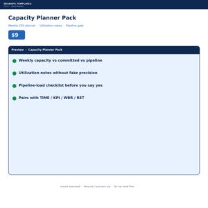 Puede incluir: Una plantilla digital de Capacity Planner Pack con un encabezado azul oscuro y un área de contenido azul claro. El texto incluye Weekly capacity vs committed vs pipeline, Utilization notes without fake precision, Pipeline-load checklist y pairs with TIME, KPI, WBR y RET.