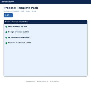 May include: A digital Proposal Template Pack featuring a dark blue header with the text Proposal Template Pack, Markdown + printable PDF, Web, Design, Writing. The preview box lists Web proposal outline, Design proposal outline, Writing proposal outline, and Editable Markdown + PDF.