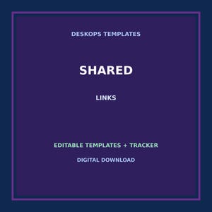 May include: A dark purple digital graphic with a thin light purple border containing the white text DESKOPS TEMPLATES, SHARED, LINKS, EDITABLE TEMPLATES + TRACKER, and DIGITAL DOWNLOAD arranged in a vertical list format on a solid background.