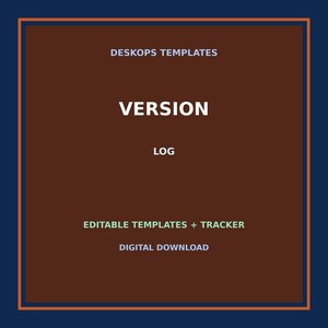Puede incluir: Una plantilla digital cuadrada con un centro marrón oscuro y un borde azul oscuro. El texto dice: DESKOPS TEMPLATES, VERSION, LOG, EDITABLE TEMPLATES + TRACKER y DIGITAL DOWNLOAD en letras blancas y verde claro.