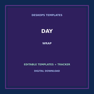 Può includere: Una grafica di modello digitale viola scuro con il testo bianco DESKOPS TEMPLATES, DAY, WRAP, EDITABLE TEMPLATES + TRACKER e DIGITAL DOWNLOAD, il tutto racchiuso all'interno di un sottile bordo rettangolare bianco su sfondo viola scuro.