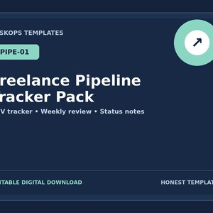 May include: A dark blue digital template graphic titled Freelance Pipeline Tracker Pack. It includes the text DESKOPS TEMPLATES, PIPE-01, CSV tracker, Weekly review, Status notes, EDITABLE DIGITAL DOWNLOAD, and HONEST TEMPLATES with a mint green circle icon.