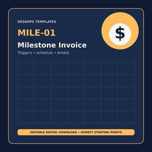 May include: A dark blue digital template graphic titled DESKOPS TEMPLATES MILE-01 Milestone Invoice. It features a yellow circle with a dollar sign, a grid, and text including Triggers, schedule, emails, and EDITABLE DIGITAL DOWNLOAD HONEST STARTING POINTS.