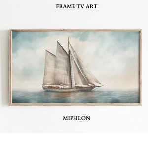 Könnte beinhalten: Gerahmter digitaler Kunstdruck mit einer Aquarellmalerei eines Segelboots auf dem Meer. Das Kunstwerk hat eine hellblaue und beige Farbpalette, mit dem Text "FRAME TV ART" und "MIPSILON".