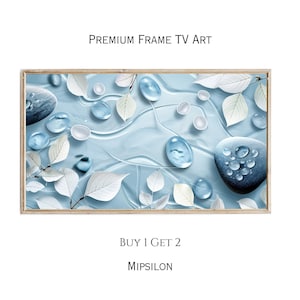May include: A framed abstract art print featuring white leaves and blue water droplets on a light blue background. The print has a wooden frame.