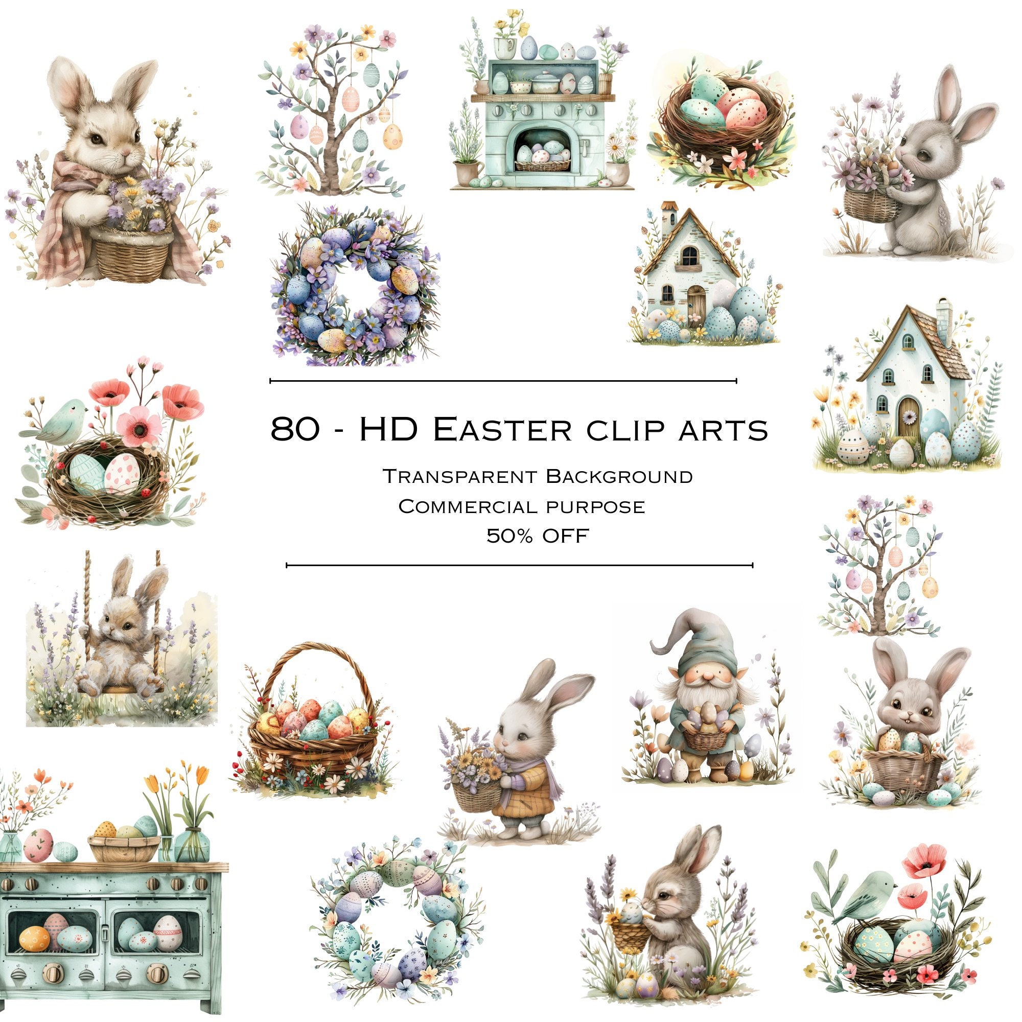 Easter Cliparts Bundle - 80 HD PNG Files, Clipart Pastel Colors and ...
