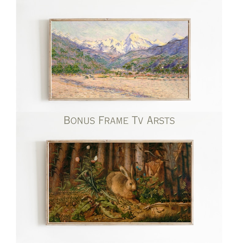May include: Two framed paintings. The top painting is a landscape with a mountain range in the background and a town in the foreground. The bottom painting is a forest scene with a rabbit in the foreground.