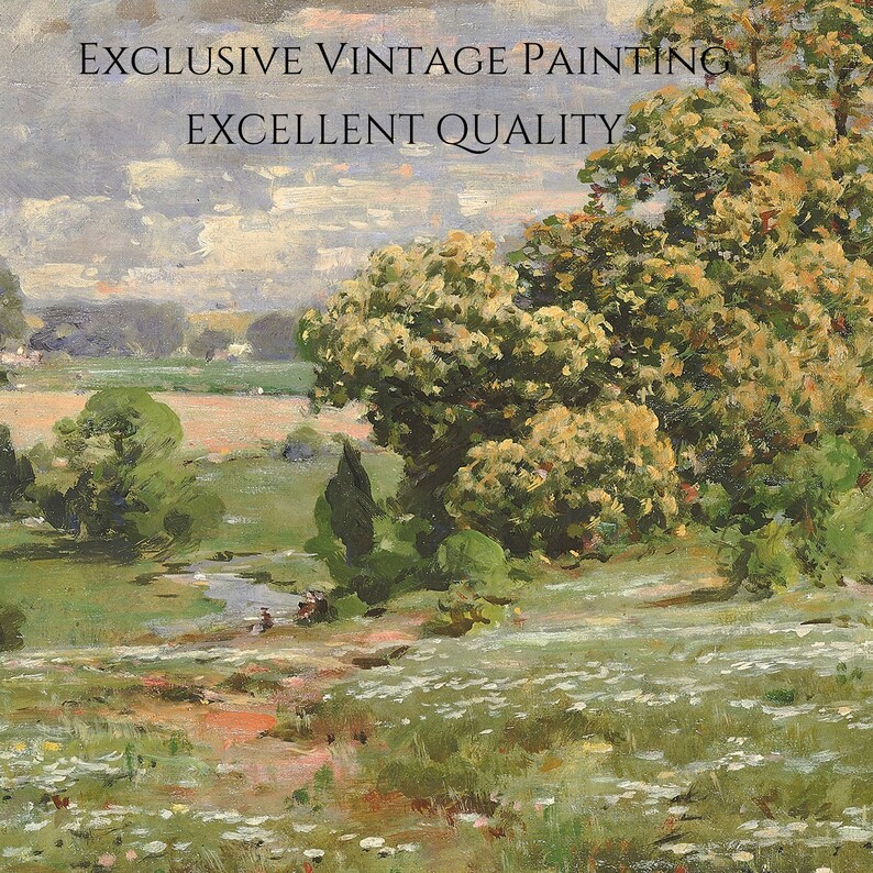 May include: A vintage oil painting depicting a rural landscape with a winding path leading through a field of white wildflowers. The painting features a lush green meadow, a small stream, and a group of trees in the background. The sky is a soft blue with fluffy white clouds.