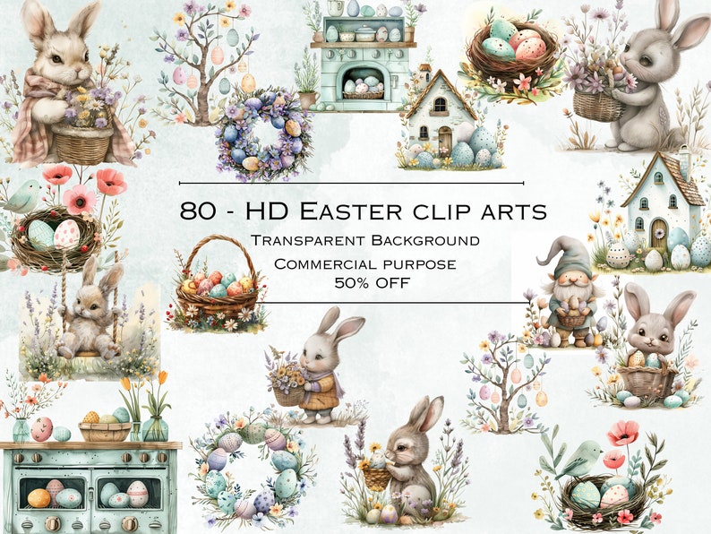 Easter Cliparts Bundle - 80 HD PNG Files, Clipart Pastel Colors and ...