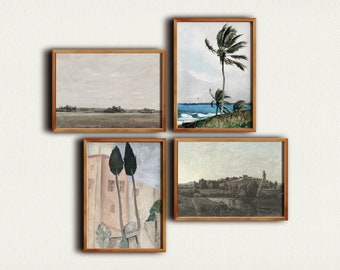 Conjunto de arte de pared de paisaje vintage 4, Conjunto de arte de pared de galería de campo imprimible, Decoración de pared de sala de estar, Conjunto de galería antigua, Descarga instantánea
