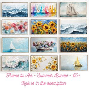 May include: A collage of 10 framed paintings featuring various summer themes, including seascapes, sunflowers, and sailboats. The paintings are arranged in a grid pattern on a white wall.