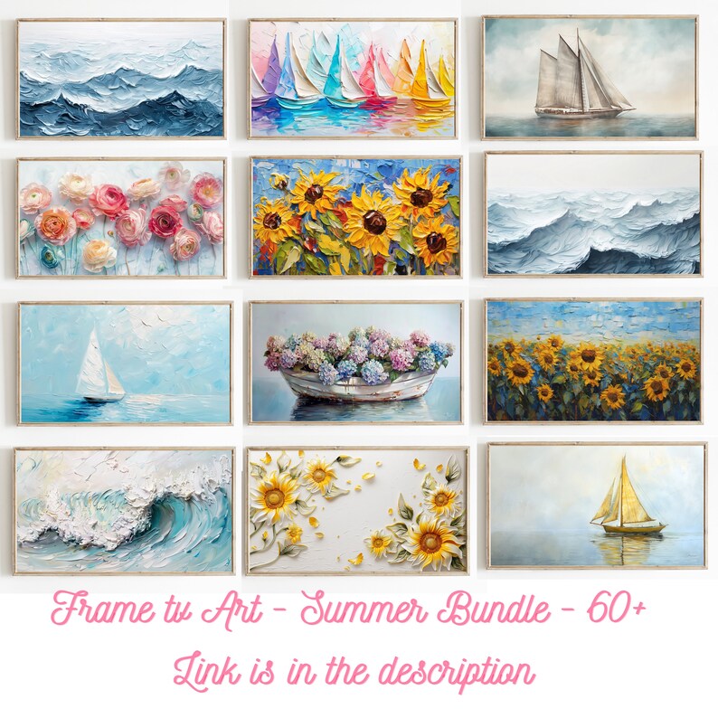 May include: A collage of 10 framed paintings featuring various summer themes, including seascapes, sunflowers, and sailboats. The paintings are arranged in a grid pattern on a white wall.