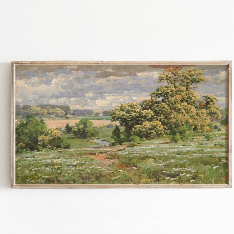 May include: A painting of a rural landscape with a field of wildflowers in the foreground, a winding stream, and a group of trees in the background. The sky is cloudy and the colors are muted.