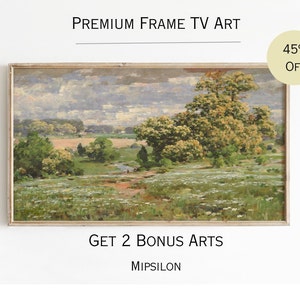 May include: A framed landscape painting of a field with trees and a stream. The painting is in a light wood frame. The text "PREMIUM FRAME TV ART" is above the painting. The text "GET 2 BONUS ARTS" is below the painting. The text "MIPSILON" is below the text "GET 2 BONUS ARTS". The text "45% OFF" is in a yellow circle in the upper right corner of the image.