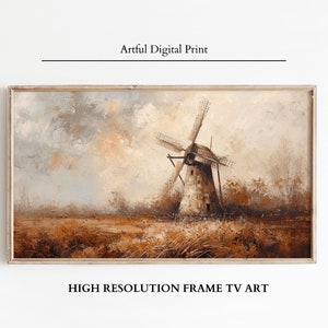 May include: A painting depicting a windmill in a field, with a cloudy sky. The windmill is brown and white, with a wooden frame. The field is brown and green, with trees in the background. The sky is a light blue with white clouds.