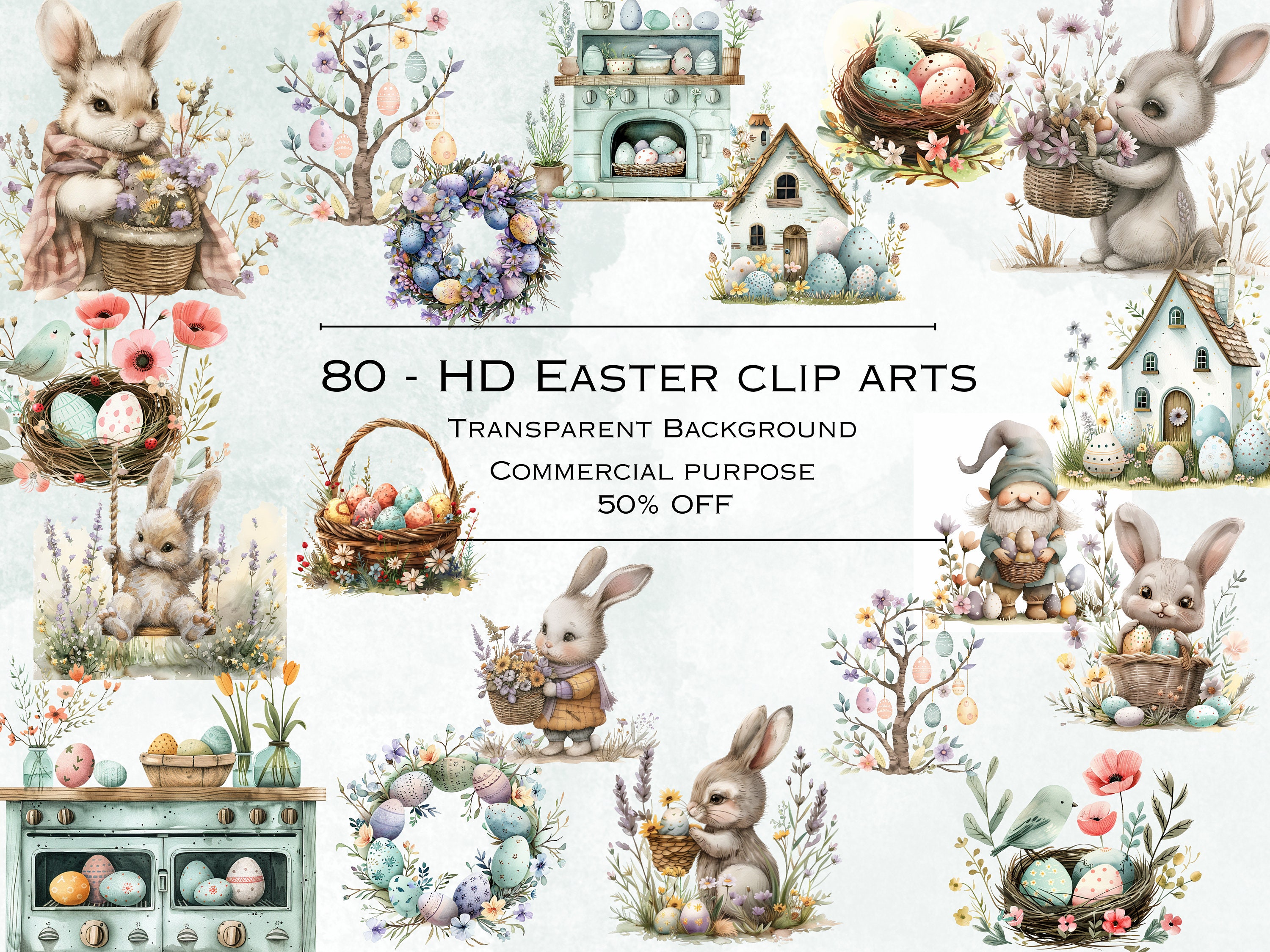 Easter Cliparts Bundle - 80 HD PNG Files, Clipart Pastel Colors and ...
