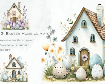 Easter Farm house Clipart - 12 archivos PNG HD, colores pastel y estilo Rusty, imágenes prediseñadas de acuarela de Pascua, BG transparente, propósito comercial