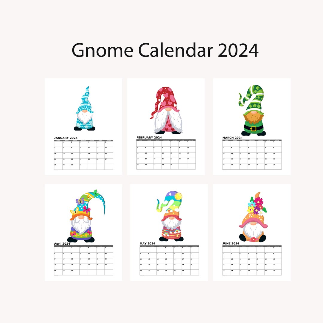 Gnomes 2024 Print at Home Calendar Instant Download PDF and JPG Files