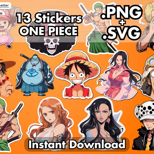 Pacote PNG de adesivo One Piece - 13 Designs de adesivos de uma peça - Arquivos SVG de vetor imprimível clipart Digital para Cricut Instant Download