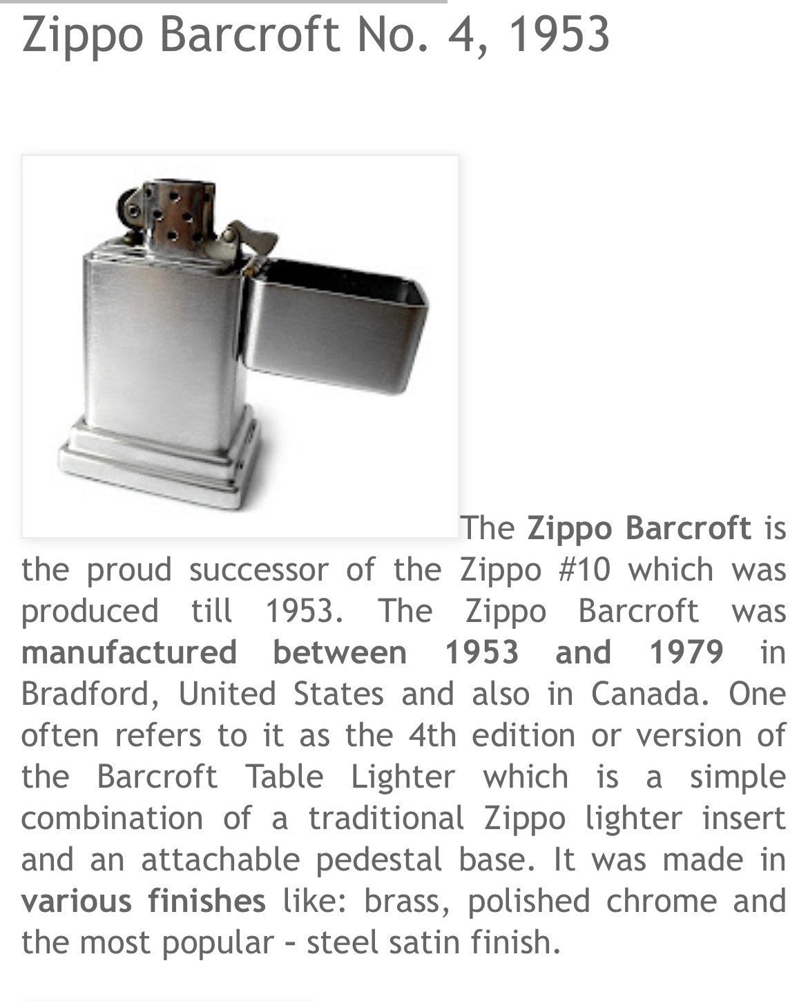 Retro ZIPPO Gold Toned Bancroft 4th Edition Table Lighter With 
