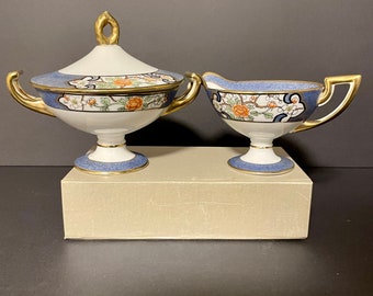 Antique Nippon Pedestal Lidded Sugar Bowl And Creamer Set Morimura Brothers Nippon Hand Painted Fine China, Country Cottage Granny Core Set