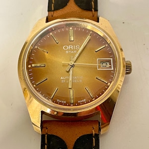 Vintage Oris Star Automatic 21 Jewels Date Mens Wristwatch Swiss Made Honey Amber Face Gold Plated Case New Two Toned Leather Strap, Works