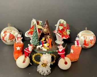 VTG Retro Christmas Ornaments Lot of 10 Kitschy Cute Tree Ornaments  A 3D Nativity 4 Flocked 2 Plastic Poinsettia Baskets 2 Balls 1 Angel