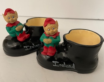 2 Vintage Very Old Rare Knee Hugging Elves or Leprechauns On Chalk ware Boots Marked Ireland, Granny Cory Adorable Elves On Black Boots