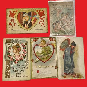 Lot de cartes postales anciennes pour la Saint-Valentin de 1912 à 1935 et carte de publicité Hoyt's allemande pour Cologne de 1880 avec angelots, lot de 5 cartes vintage, éphémères