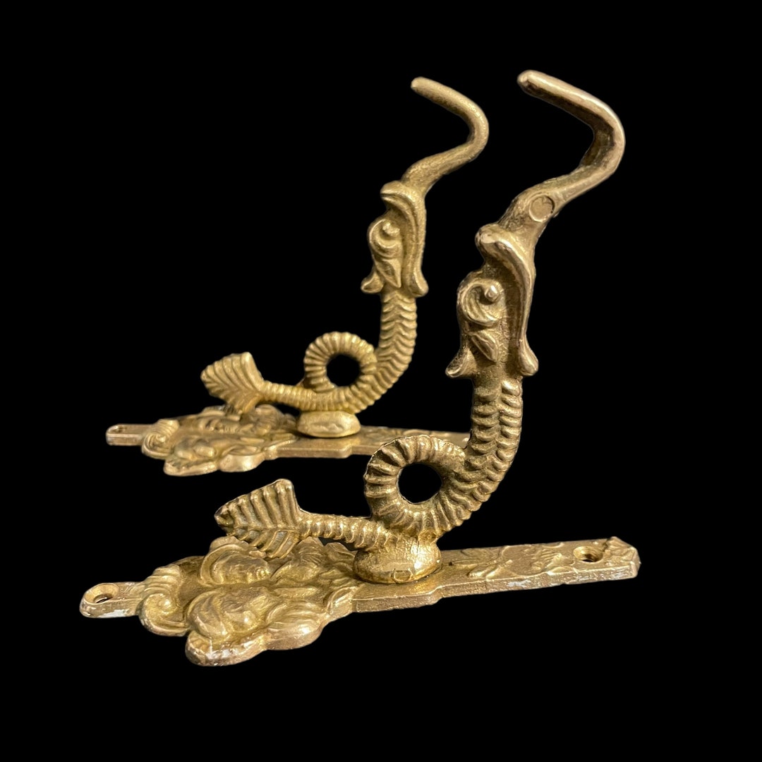 2 Ornate Brass Serpent Dragon Fish Wall Hooks, Antique Romeo and Juliet