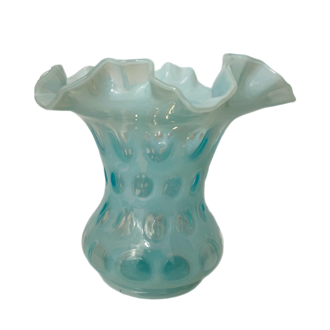 Vintage Fenton Blue Opalescent Coin Dot Vase, Mid Century Art Glass ...