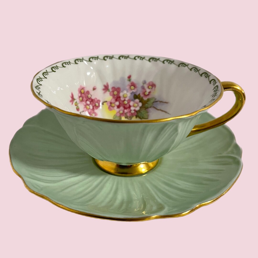 VTG SHELLY Mint Green Oleander Teacup and Saucer, 13533 Stock Flower