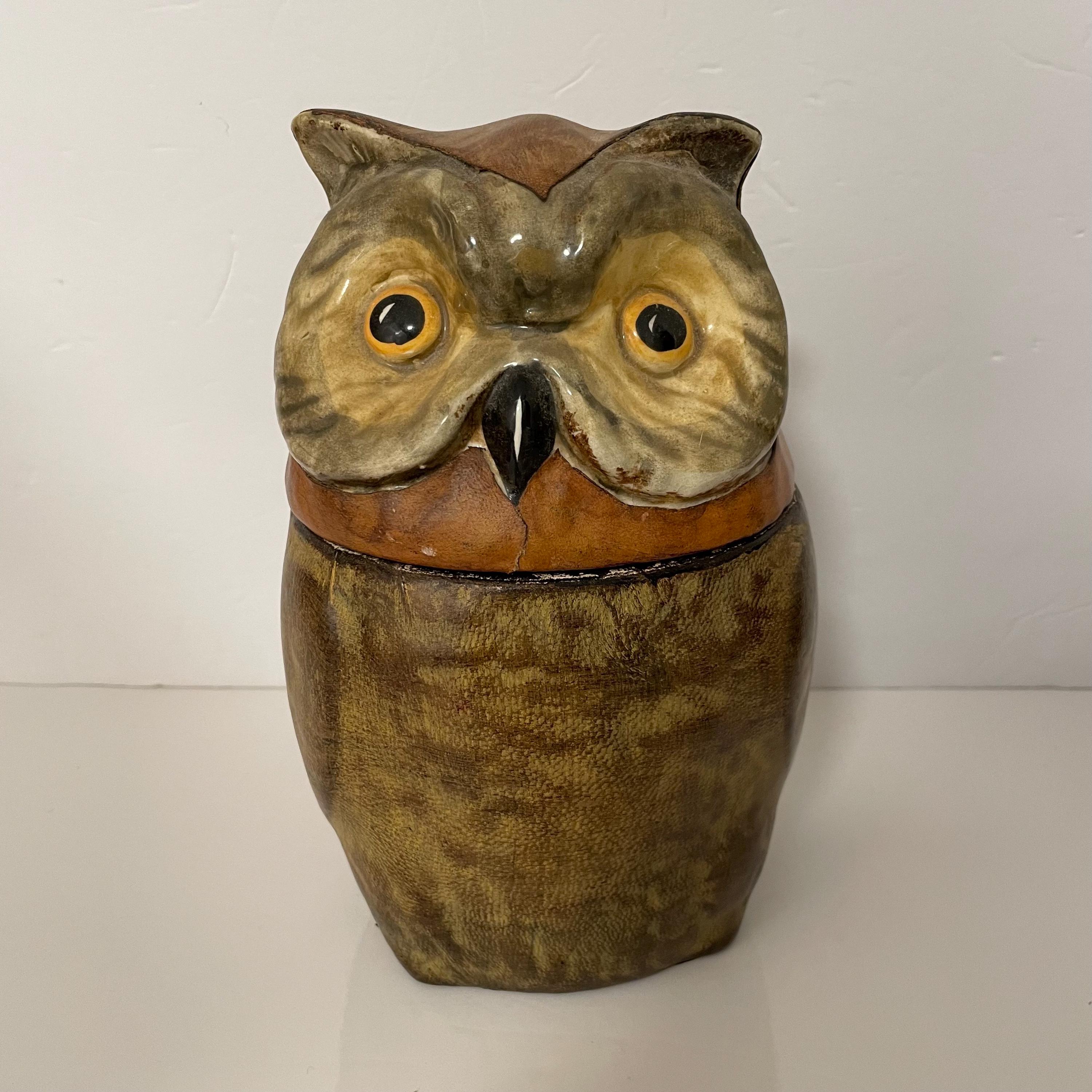 Vintage Owl Tobacco Cigar Jar, Old Leather Bound Ceramic Owl Canister,  Stash Jar, Tobacciana
