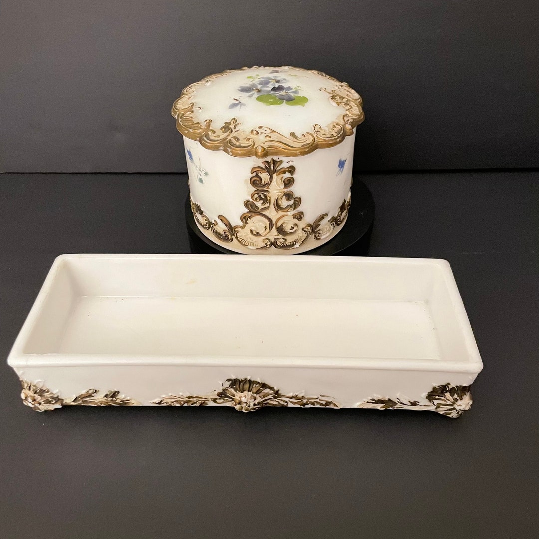 Victorian Vanity Set Circa 1890s Dithridge Glass USA Antique White Milk