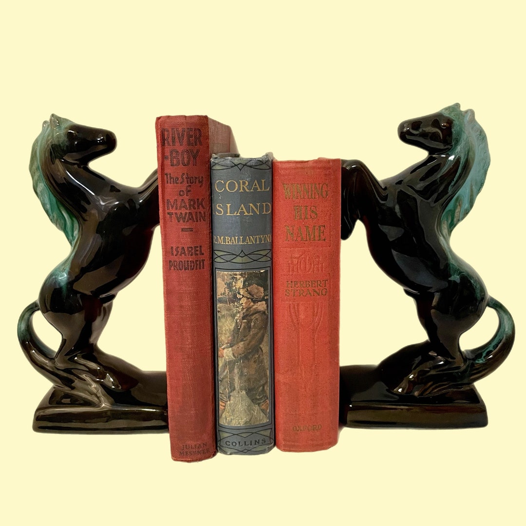 2 MCM BMP Blue Drip Glaze Rearing Horse Bookends or Stand Alone Figurines Vintage Blue Mountain