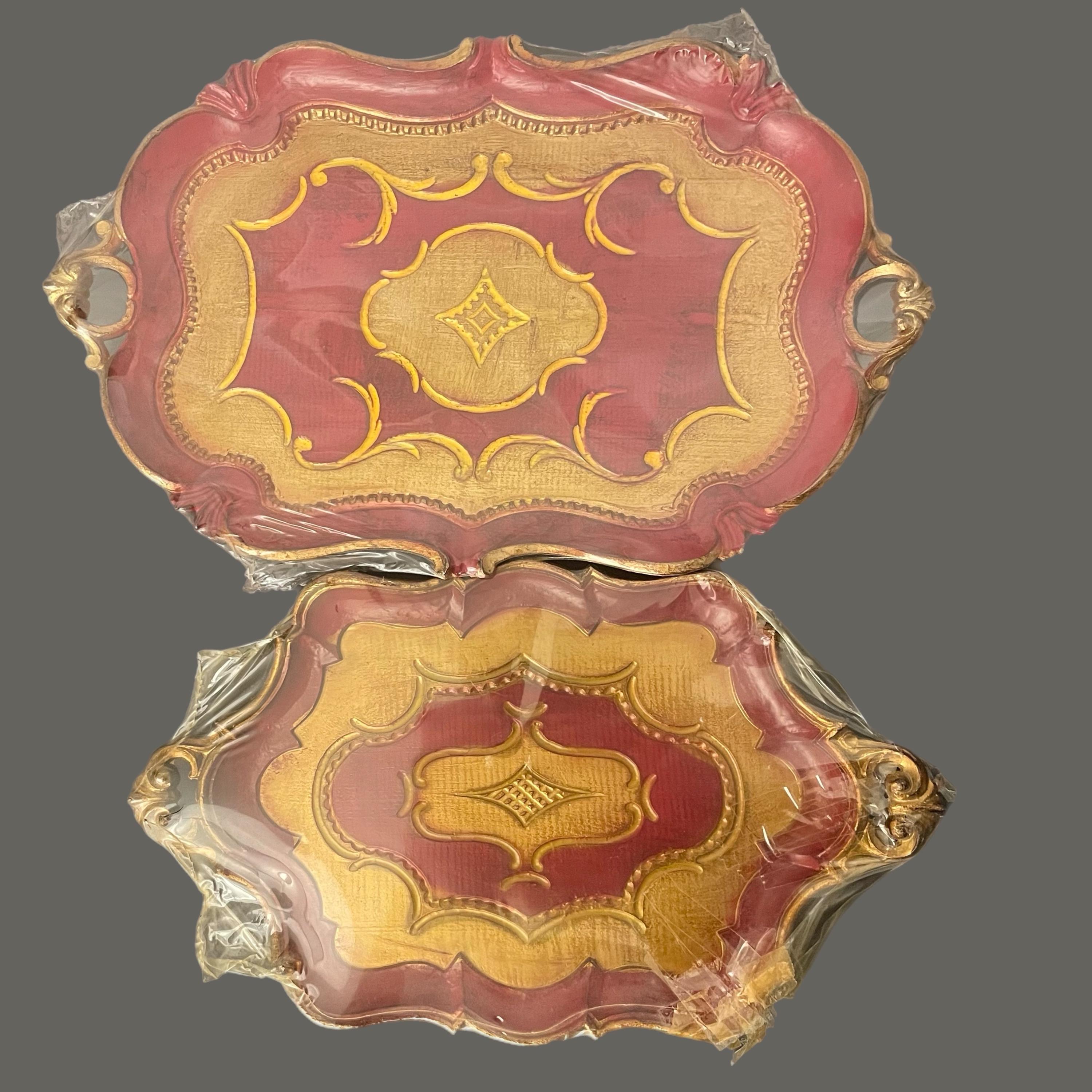 2 Vintage 1970’s Ornate Florentine Trays, Red And Gold Faux Wood Serving Trays Made In Italy Never Used In Original Wrap, Old New Stock