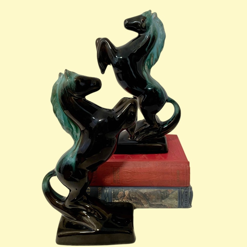 2 MCM BMP Blue Drip Glaze Rearing Horse Bookends or Stand Alone Figurines Vintage Blue Mountain