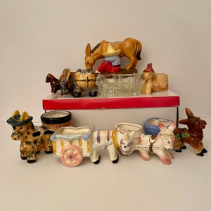 Lot of 9 Vintage Donkey Planters Retro Collection of Donkey Pulling Cart Planters Mostly Japan And Occupied Japan Grannycore Planters