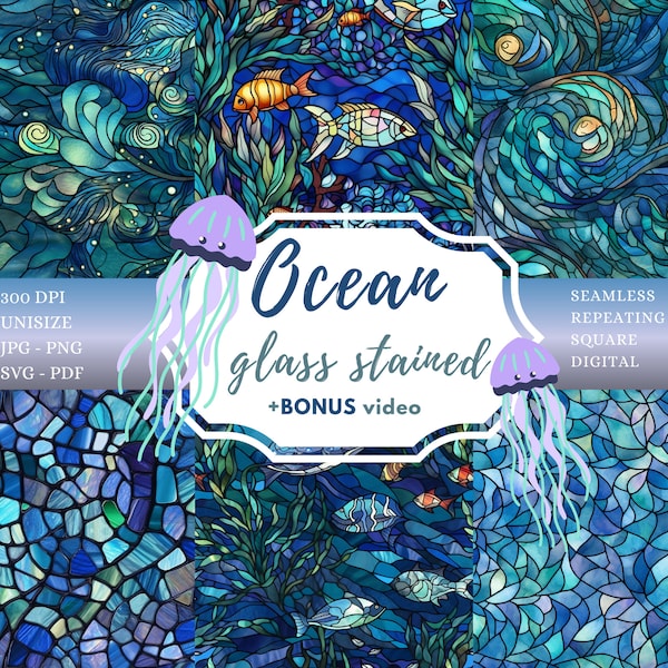 Ocean-Themed Stained Glass Pattern Collection - SVG, PNG, PDF - Perfect for Window Hangings, Artwork, and more - Instant Digital Download