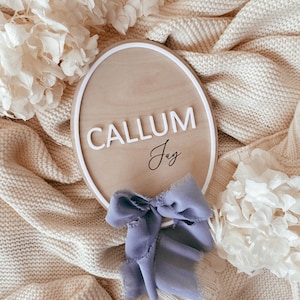 Baby boy oval birth announcement with border and ribbon