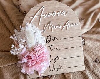 Dried floral arch shaped writeable birth announcement