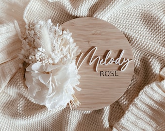 Baby name announcement sign dried florals different fonts