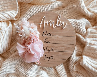 Dried floral writeable birth announcement disc