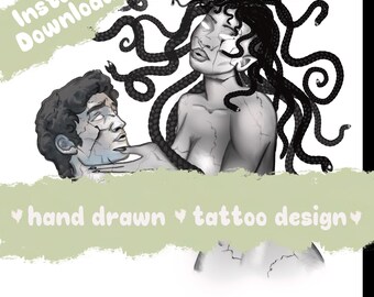 May include: Black and white illustration of Medusa with snakes for hair, holding a severed head. The words "Instant Download" are at the top left. The words "hand drawn" and "tattoo design" are at the bottom.