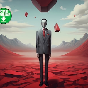 Rojo sin rostro, arte surrealista, arte de pared surrealista, impresión de arte surrealista, impresiones digitales arte de pared surrealista, arte de pared imprimible, arte digital AI